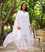 White dobby cotton asymmetric suit set