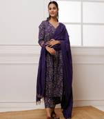 Ghazal violet dabu hand block printed mul gathered suit set