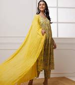 Ghazal mustard dabu hand block printed mul gathered suit set