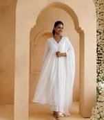 Ghazal white lino mul gathered lace suit set