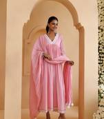 Ghazal pink lino mul gathered lace suit set