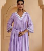 Ghazal lavender lino mul gathered lace suit set