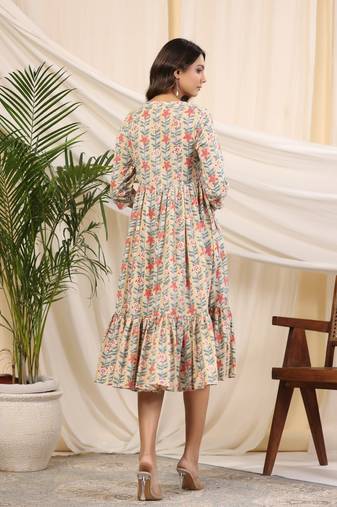 Yellow handblock printed cotton baisa dress
