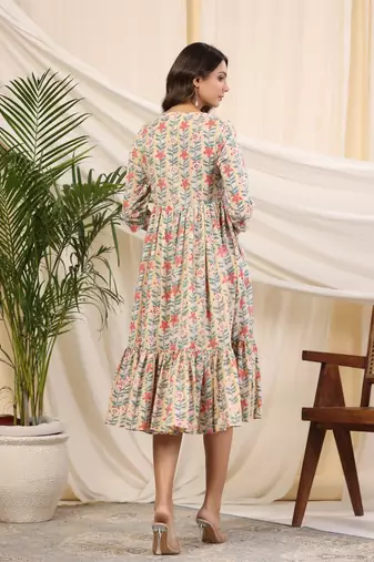 Yellow handblock printed cotton baisa dress