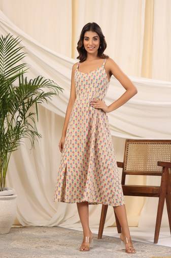 Yellow handblock baisa printed cotton dress