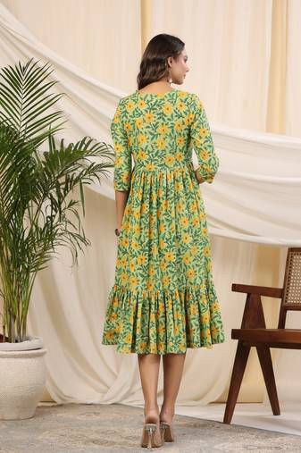 Green handblock printed cotton dress baisa