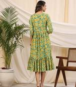 Green handblock printed cotton dress baisa