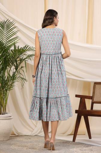 Aqua blue handblock printed cotton dress