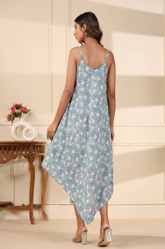 Aqua handblock printed cotton dress