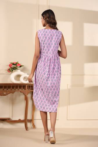 Lavender handblock printed cotton dress
