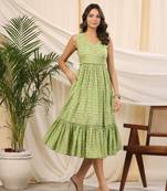 Green handblock printed cotton dress