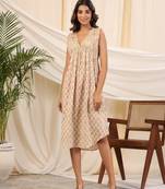 Yellow baisa handblock printed cotton dress