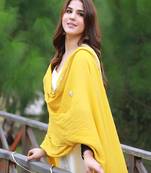 Mustard hand block print cotton kurta suit set with gota work dupatta