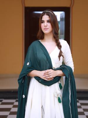 Deep green hand block print cotton anarkali suit set with gota work dupatta 1