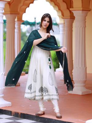 Deep green hand block print cotton anarkali suit set with gota work dupatta 3