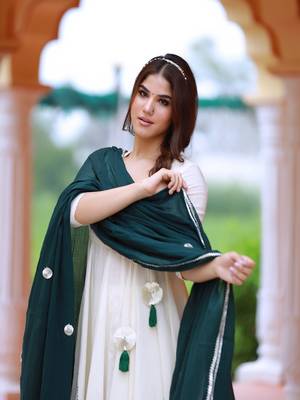 Deep green hand block print cotton anarkali suit set with gota work dupatta 4