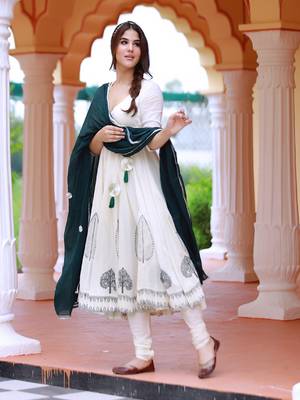 Deep green hand block print cotton anarkali suit set with gota work dupatta 5