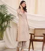 Sadabahaar yellow & red handblock printed cotton kurta pant set