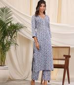 Sadabahaar grey jaal handblock printed cotton kurta pant set