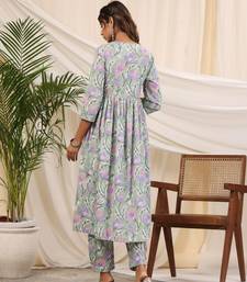 Sadabahaar sea green & pink jaal handblock printed cotton kurta pant set