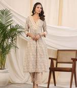 Sadabahaar yellow & grey jaal handblock printed cotton kurta pant set