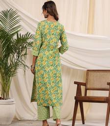 Sadabahaar mint & yellow jaal handblock printed cotton kurta pant set
