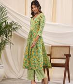 Sadabahaar mint & yellow jaal handblock printed cotton kurta pant set