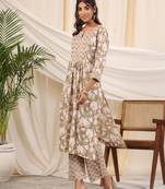Sadabahaar brown jaal handblock printed cotton kurta pant set