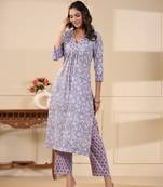 Sadabahaar lilac & red jaal handblock printed cotton kurta pant set