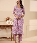 Sadabahaar pink jaal handblock printed cotton kurta pant set