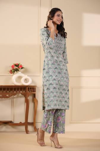 Sadabahaar sea green & pink butti handblock printed cotton kurta pant set