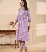 Sadabahaar lavender butti handblock printed cotton kurta pant