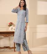 Sadabahaar aqua butti handblock printed cotton kurta pant set