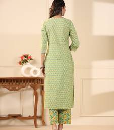 Sadabahaar mint & yellow butti handblock printed cotton kurta pant