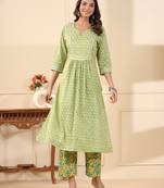 Sadabahaar mint & yellow butti handblock printed cotton kurta pant