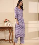 Sadabahaar lilac & red butti handblock printed cotton kurta pant