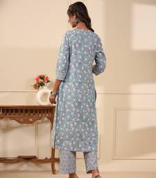 Sadabahaar aqua & pink jaal handblock printed cotton kurta pant