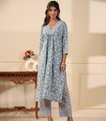 Sadabahaar aqua & pink jaal handblock printed cotton kurta pant