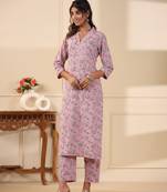 Sadabahaar rose pink jaal handblock printed cotton kurta pant