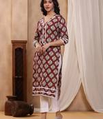 Bahaar maroon block print kurti with crochet lace