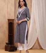 Sitara blue block print kurti with crochet lace
