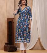 Bahaar blue block print kurti with crochet lace