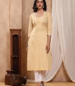 Chaand mustard block print kurti with crochet lace