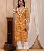 Sitara yellow block print kurti with crochet lace