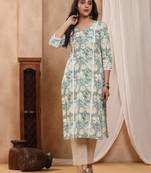 Bahaar teal block print kurti with crochet lace
