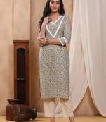 Sitara beige block print kurti with crochet lace