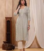 Chaand beige block print kurti with crochet lace
