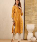 Honey yellow block print kurti with gota lace