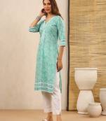 Bahaar sea green block print kurti with crochet lace