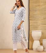 Bahaar white block print kurti with crochet lace